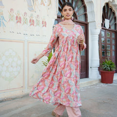 Women  Peach  Muslin kurta with  handwork embroidery, solid bottom & Dupatta Set