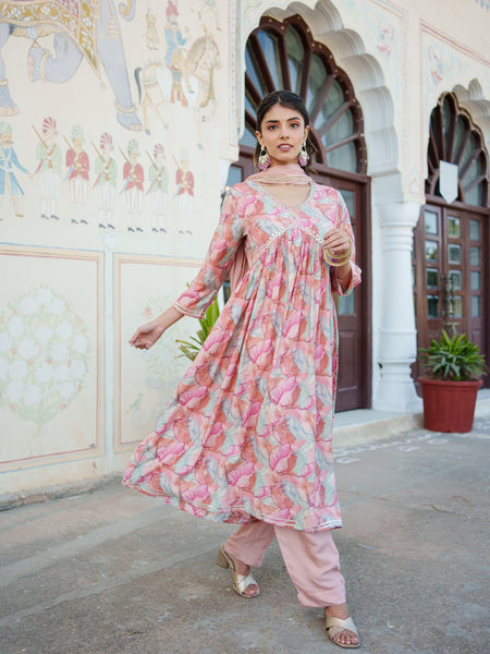 Women  Peach  Muslin kurta with  handwork embroidery, solid bottom & Dupatta Set
