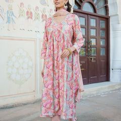 Women  Peach  Muslin kurta with  handwork embroidery, solid bottom & Dupatta Set
