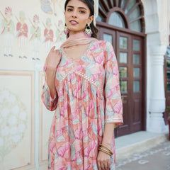 Women  Peach  Muslin kurta with  handwork embroidery, solid bottom & Dupatta Set