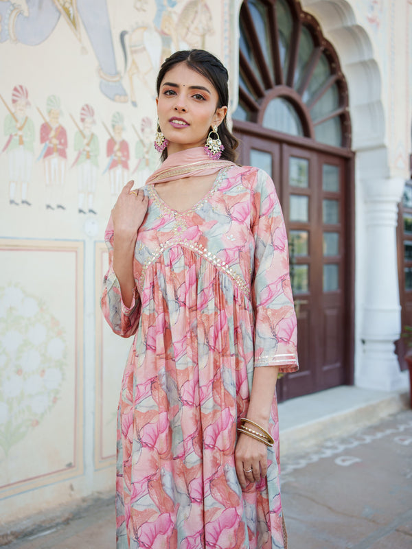 Women  Peach  Muslin kurta with  handwork embroidery, solid bottom & Dupatta Set