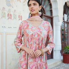 Women  Peach  Muslin kurta with  handwork embroidery, solid bottom & Dupatta Set