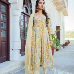Women  Yellow Muslin kurta with  handwork embroidery, solid bottom & Dupatta Set