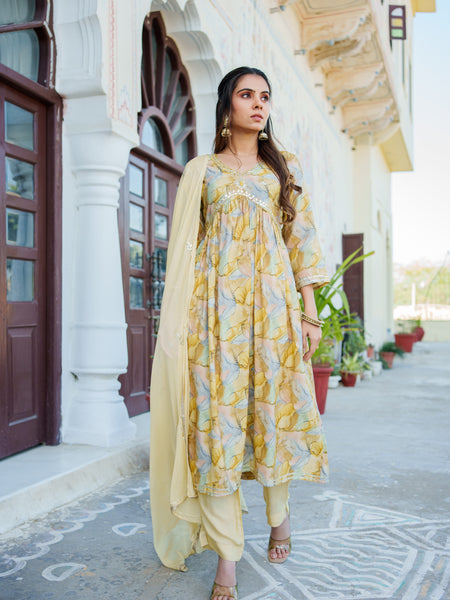 Women  Yellow Muslin kurta with  handwork embroidery, solid bottom & Dupatta Set