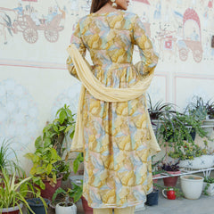 Women  Yellow Muslin kurta with  handwork embroidery, solid bottom & Dupatta Set