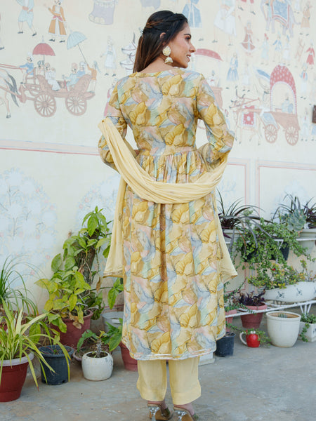Women  Yellow Muslin kurta with  handwork embroidery, solid bottom & Dupatta Set