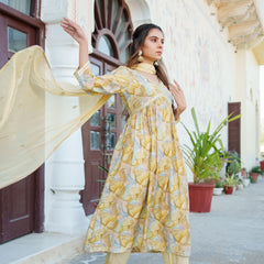 Women  Yellow Muslin kurta with  handwork embroidery, solid bottom & Dupatta Set