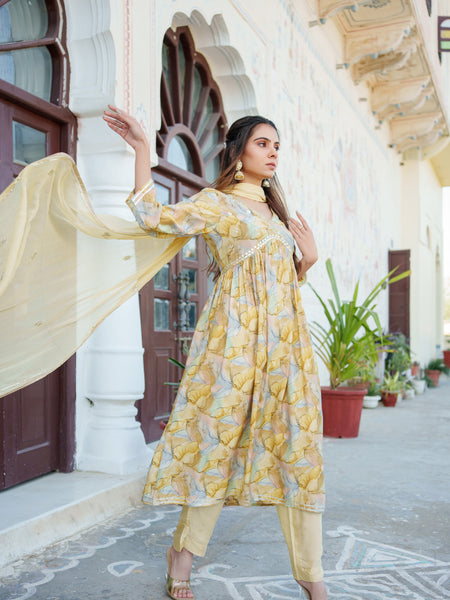 Women  Yellow Muslin kurta with  handwork embroidery, solid bottom & Dupatta Set