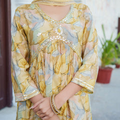 Women  Yellow Muslin kurta with  handwork embroidery, solid bottom & Dupatta Set