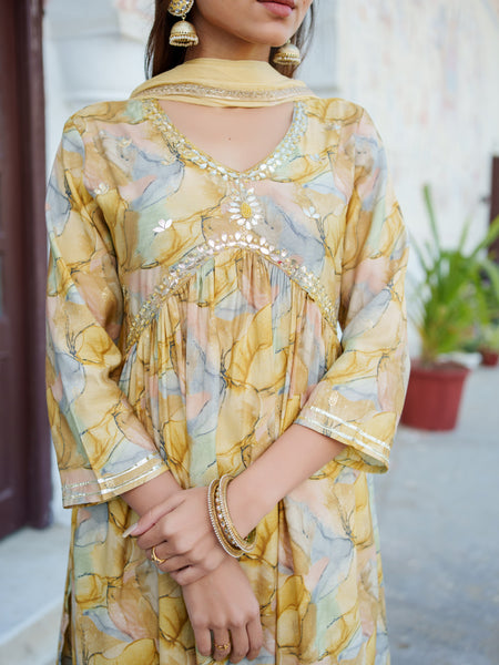 Women  Yellow Muslin kurta with  handwork embroidery, solid bottom & Dupatta Set