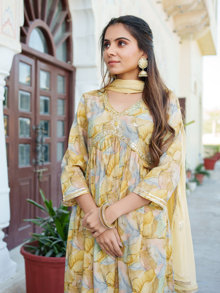 Women  Yellow Muslin kurta with  handwork embroidery, solid bottom & Dupatta Set