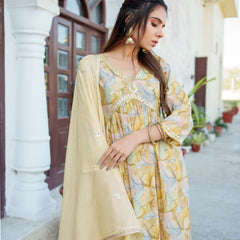 Women  Yellow Muslin kurta with  handwork embroidery, solid bottom & Dupatta Set