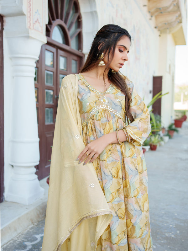 Women  Yellow Muslin kurta with  handwork embroidery, solid bottom & Dupatta Set