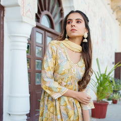 Women  Yellow Muslin kurta with  handwork embroidery, solid bottom & Dupatta Set
