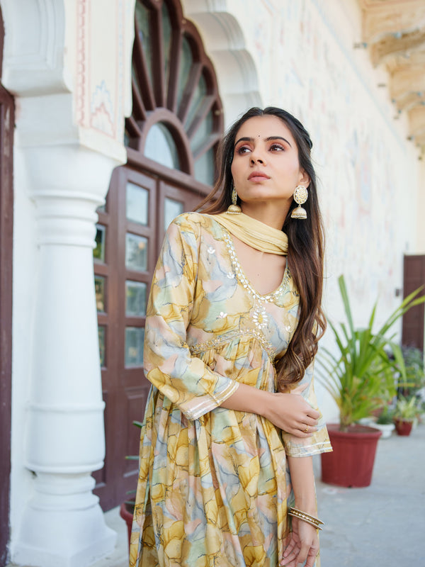 Women  Yellow Muslin kurta with  handwork embroidery, solid bottom & Dupatta Set