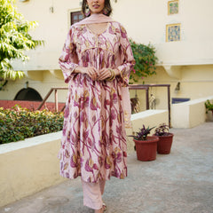 Women Nude Pink Muslin kurta with gota lace embroidery , solid bottom & Dupatta Set