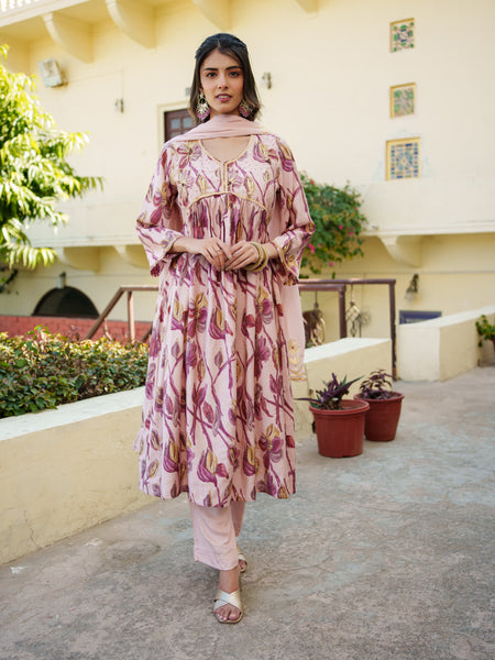 Women Nude Pink Muslin kurta with gota lace embroidery , solid bottom & Dupatta Set