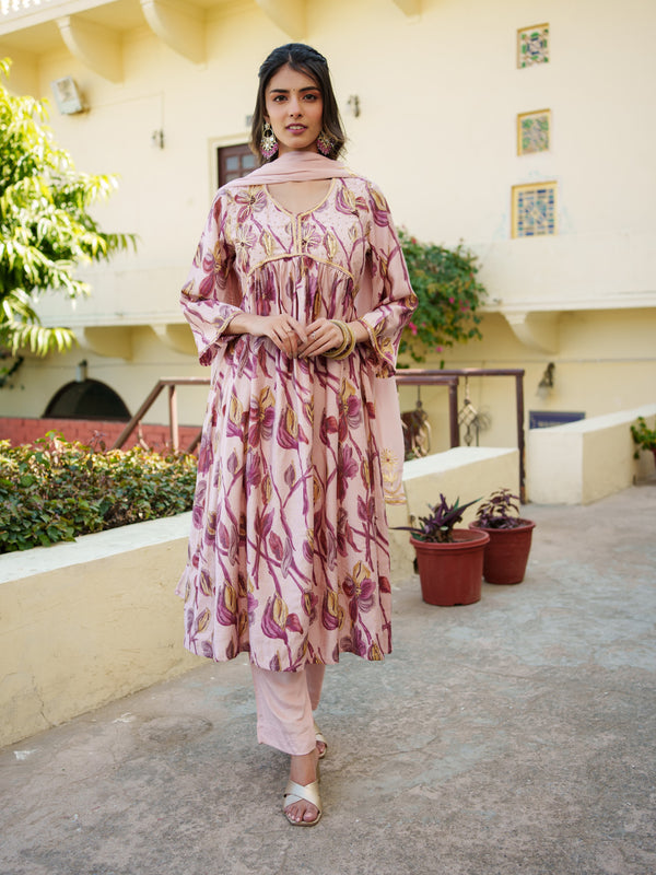Women Nude Pink Muslin kurta with gota lace embroidery , solid bottom & Dupatta Set