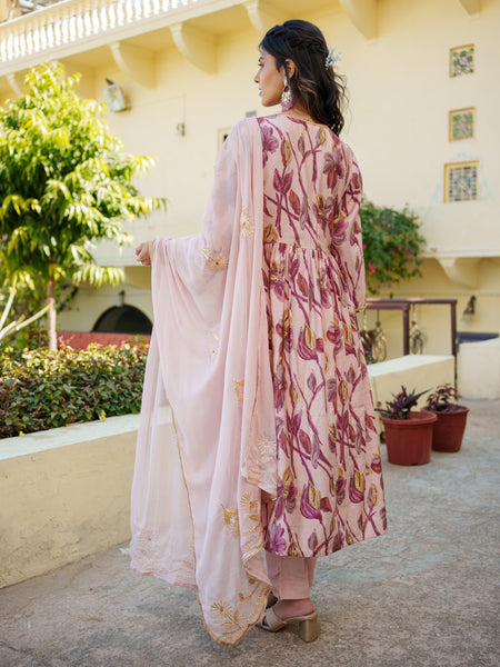 Women Nude Pink Muslin kurta with gota lace embroidery , solid bottom & Dupatta Set