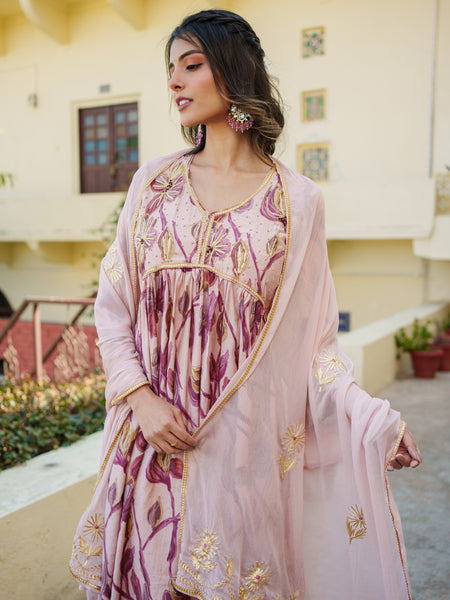 Women Nude Pink Muslin kurta with gota lace embroidery , solid bottom & Dupatta Set