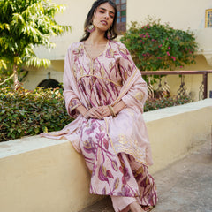 Women Nude Pink Muslin kurta with gota lace embroidery , solid bottom & Dupatta Set