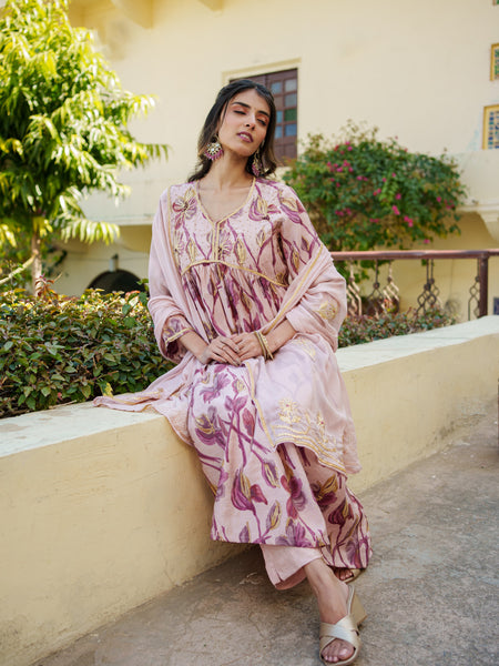 Women Nude Pink Muslin kurta with gota lace embroidery , solid bottom & Dupatta Set