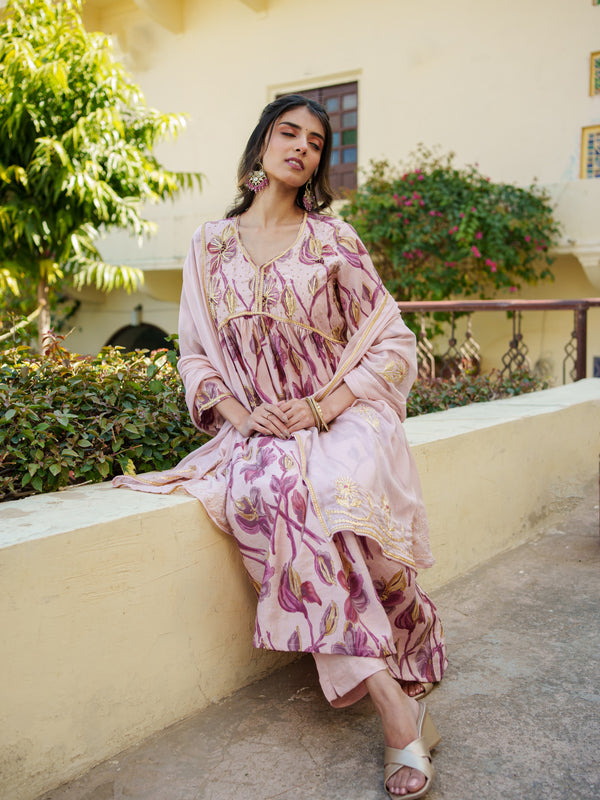 Women Nude Pink Muslin kurta with gota lace embroidery , solid bottom & Dupatta Set