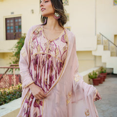 Women Nude Pink Muslin kurta with gota lace embroidery , solid bottom & Dupatta Set