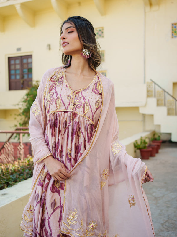Women Nude Pink Muslin kurta with gota lace embroidery , solid bottom & Dupatta Set