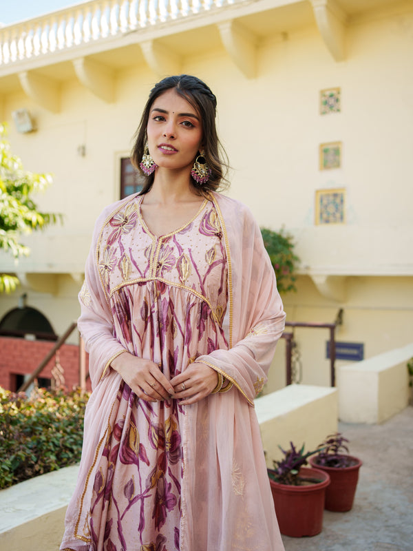 Women Nude Pink Muslin kurta with gota lace embroidery , solid bottom & Dupatta Set
