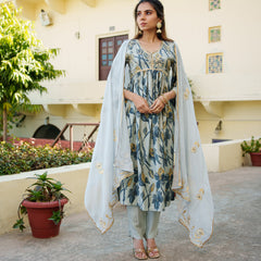 Women  Sky Blue  Muslin kurta with gota lace embroidery , solid bottom & Dupatta Set