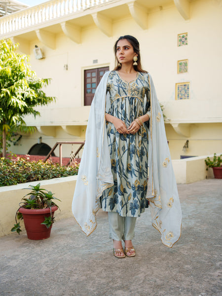 Women  Sky Blue  Muslin kurta with gota lace embroidery , solid bottom & Dupatta Set