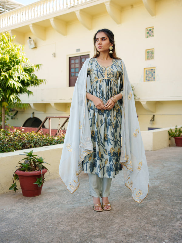 Women  Sky Blue  Muslin kurta with gota lace embroidery , solid bottom & Dupatta Set