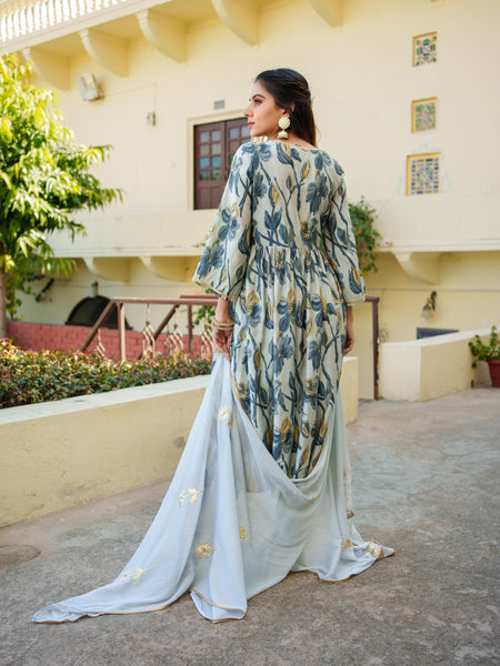 Women  Sky Blue  Muslin kurta with gota lace embroidery , solid bottom & Dupatta Set