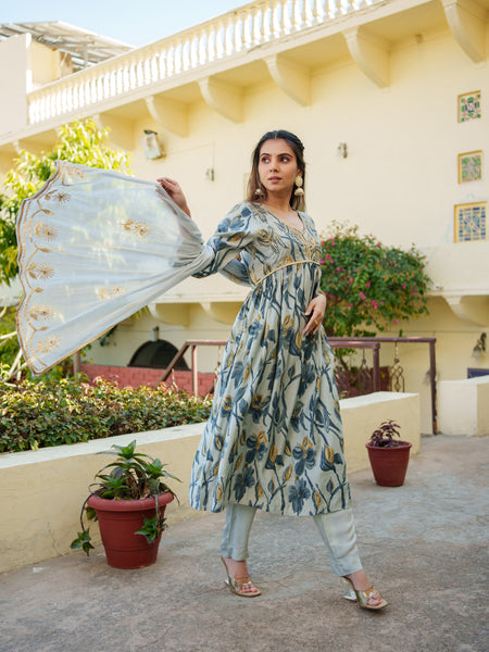 Women  Sky Blue  Muslin kurta with gota lace embroidery , solid bottom & Dupatta Set
