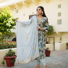 Women  Sky Blue  Muslin kurta with gota lace embroidery , solid bottom & Dupatta Set