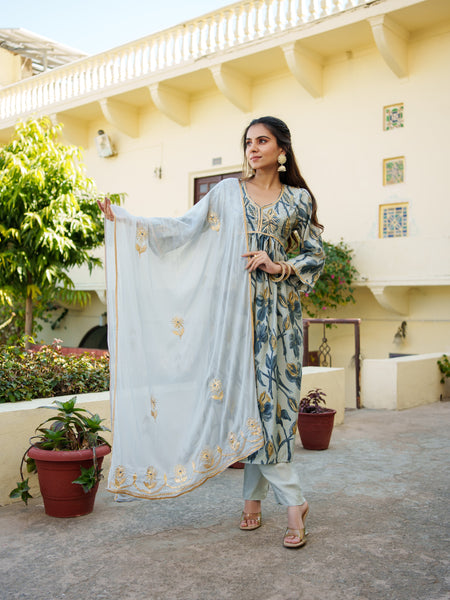 Women  Sky Blue  Muslin kurta with gota lace embroidery , solid bottom & Dupatta Set