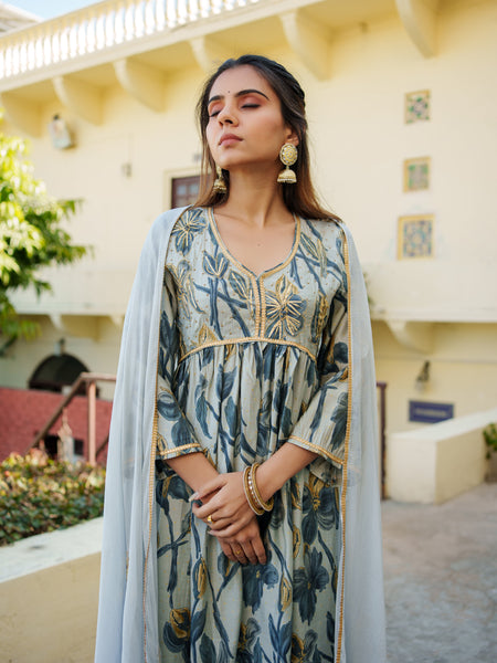 Women  Sky Blue  Muslin kurta with gota lace embroidery , solid bottom & Dupatta Set