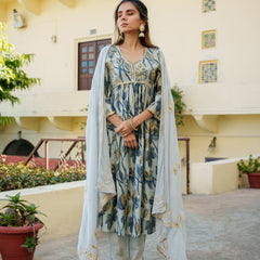 Women  Sky Blue  Muslin kurta with gota lace embroidery , solid bottom & Dupatta Set