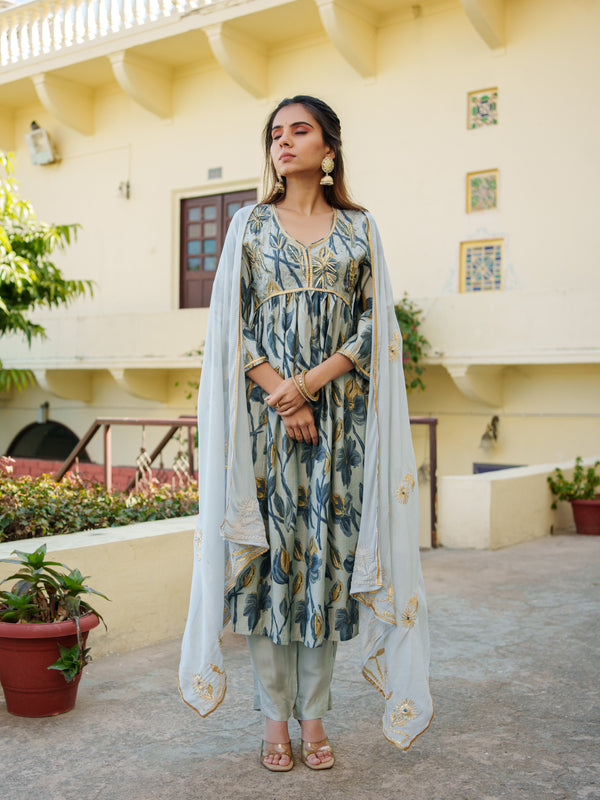 Women  Sky Blue  Muslin kurta with gota lace embroidery , solid bottom & Dupatta Set