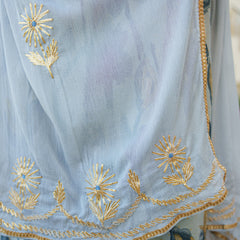 Women  Sky Blue  Muslin kurta with gota lace embroidery , solid bottom & Dupatta Set