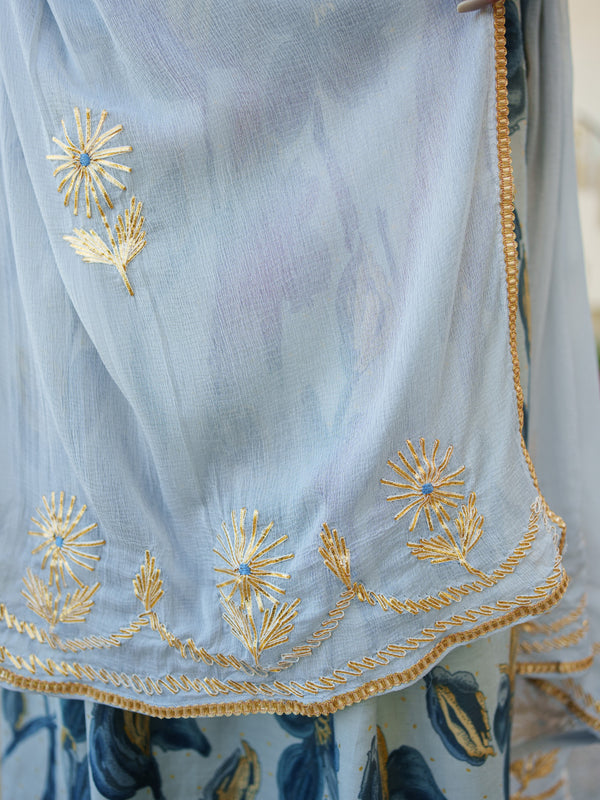 Women  Sky Blue  Muslin kurta with gota lace embroidery , solid bottom & Dupatta Set