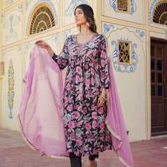 Women Muslin kurta with bead work embroidery , solid bottom & Dupatta Set