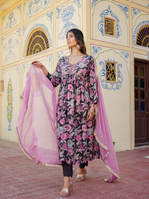 Women Muslin kurta with bead work embroidery , solid bottom & Dupatta Set