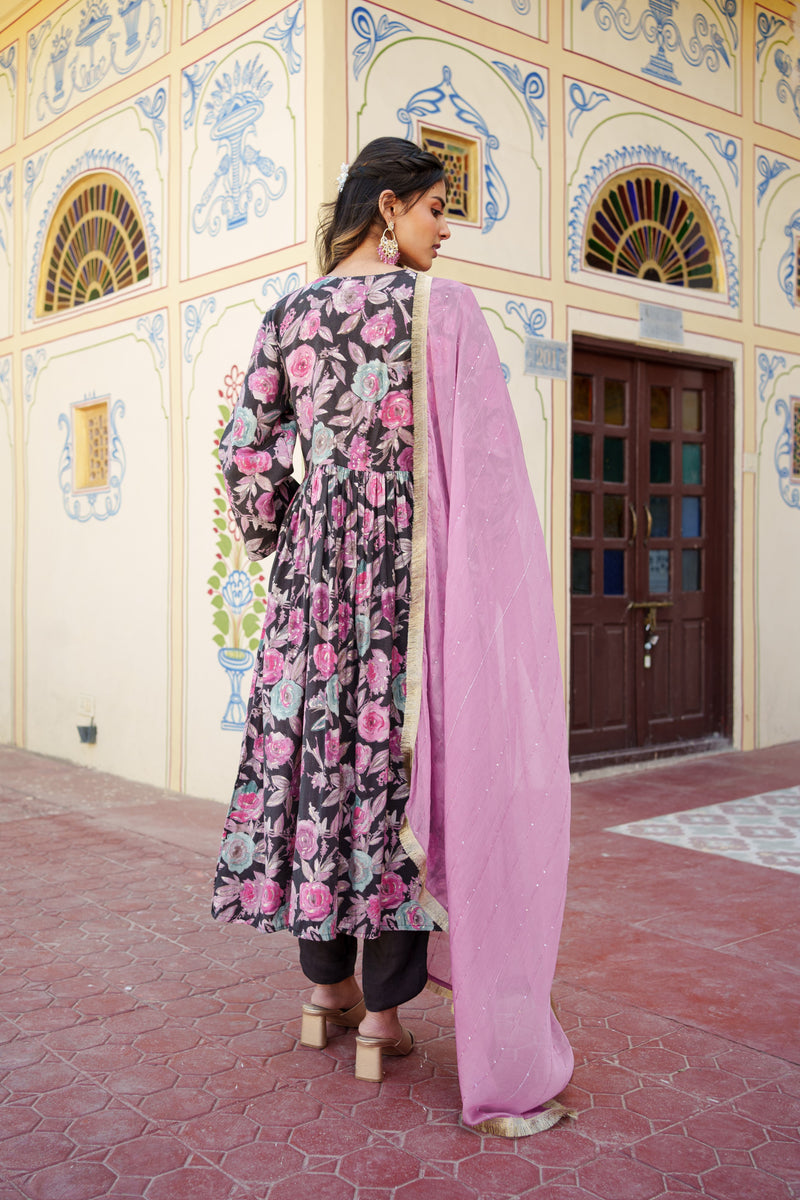 Women Muslin kurta with bead work embroidery , solid bottom & Dupatta Set