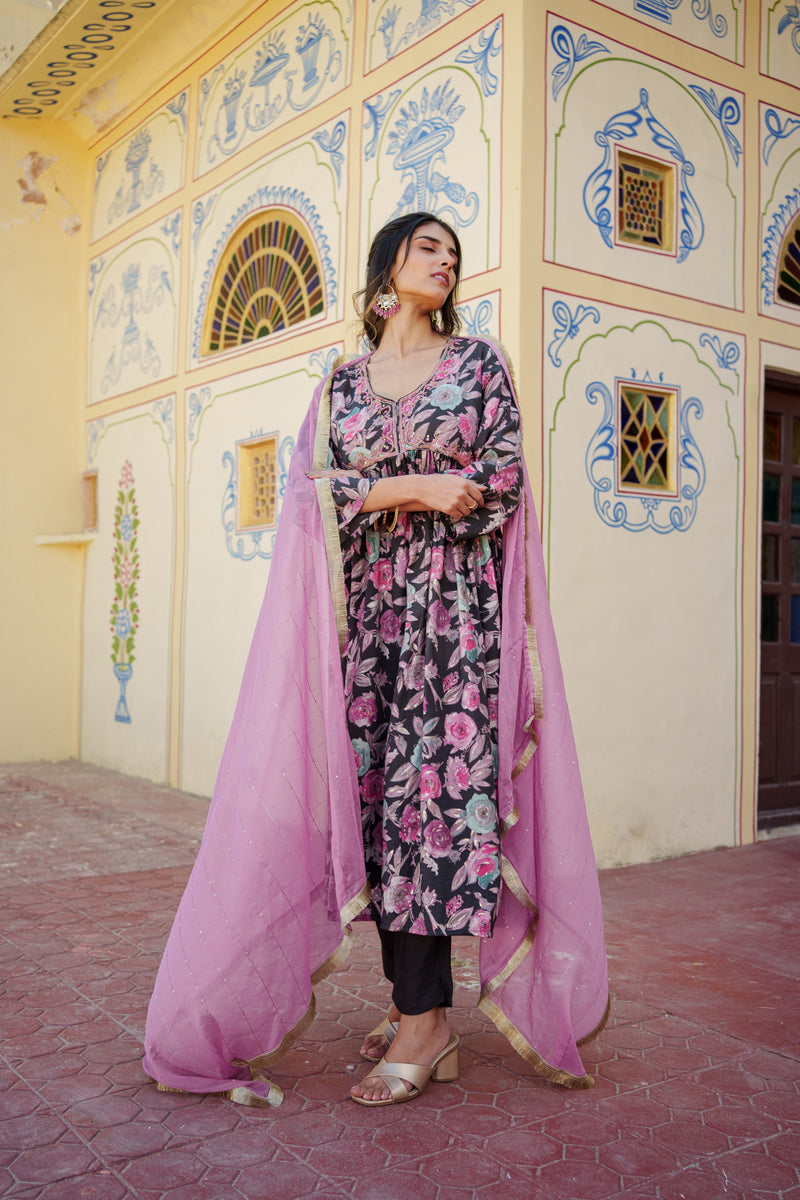 Women Muslin kurta with bead work embroidery , solid bottom & Dupatta Set