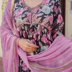 Women Muslin kurta with bead work embroidery , solid bottom & Dupatta Set