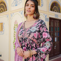 Women Muslin kurta with bead work embroidery , solid bottom & Dupatta Set