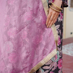 Women Muslin kurta with bead work embroidery , solid bottom & Dupatta Set