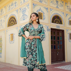 Women Muslin kurta with bead work embroidery , solid bottom & Dupatta Set